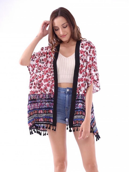 Flower Print Kimono W/ Tassel Detailing